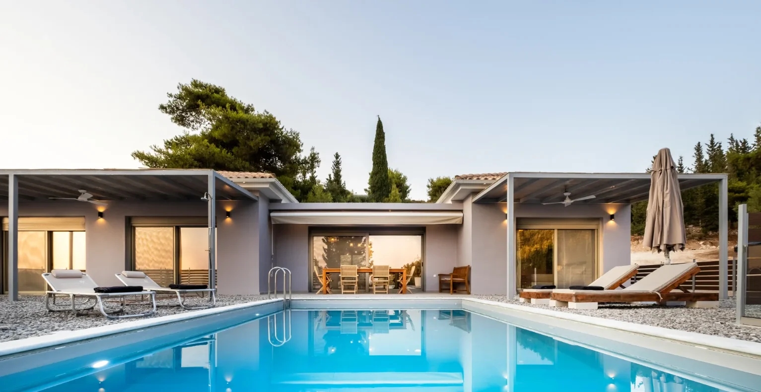 Exterior view of the Waters Coloured villa in Lefkada