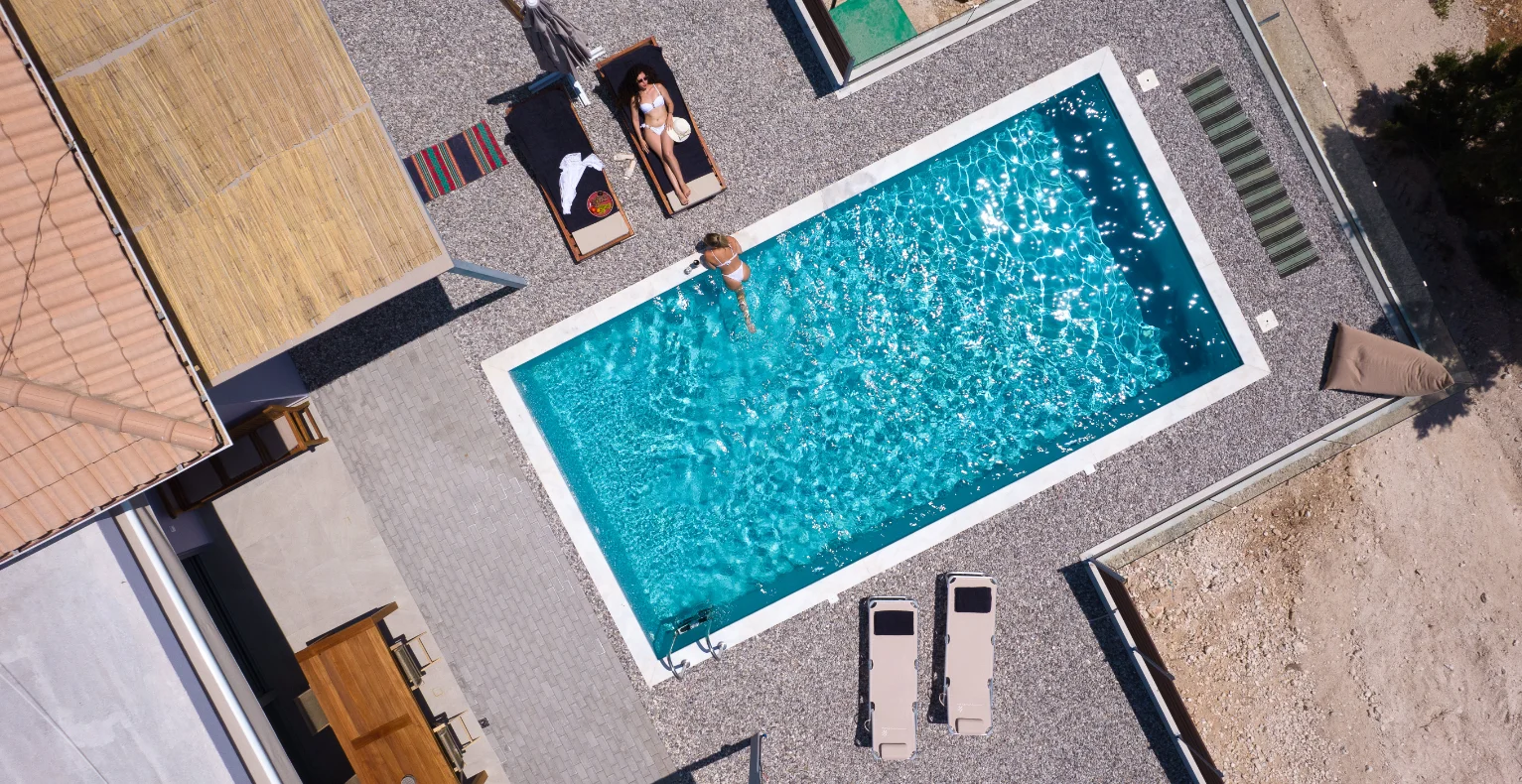 Bird eye view of the pool of the Waters Coloured villa in Lefkada